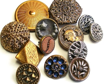 Vintage and Victorian buttons, mixed lot of 12  metal shabby chic buttons, flowers, stars.