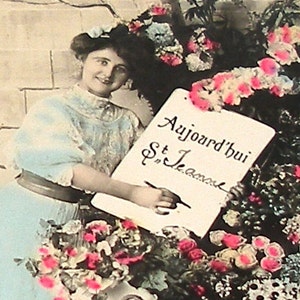 Antique French Postcard, Edwardian lady with flowers, RPPC real photo. Carte Postale. Vintage glamour fashion