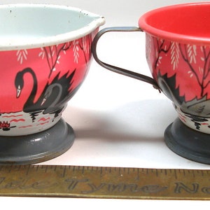 50s Tin Toy tea pieces. Swan & Pagoda graphics on cream, sugar and tea pot. image 3