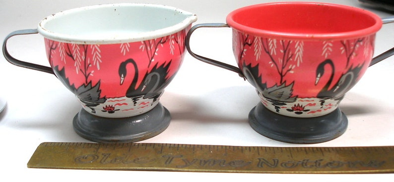 50s Tin Toy tea pieces. Swan & Pagoda graphics on cream, sugar and tea pot. image 3