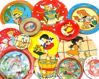 13 Tin Toy tea saucers, 1940s-1950s graphics. Instant Collection. Ohio Art Co. Vintage Decor.