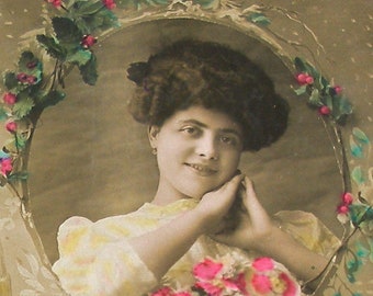 1910s Xmas postcard. Lady with holly. Antique RPPC real photo postcard, paper ephemera. Vintage glamour fashion  carte postale