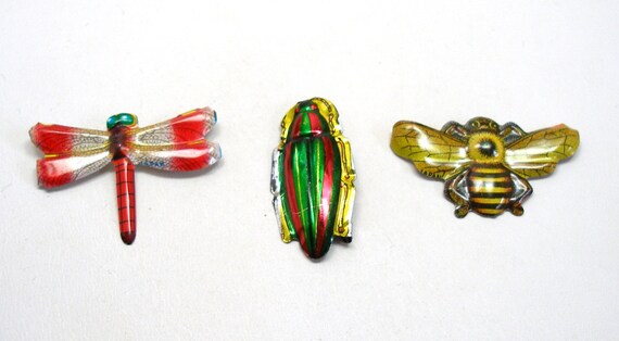 60s Tin Toy BUG brooches, 3 metal Japanese insect costume jewelry. View 4