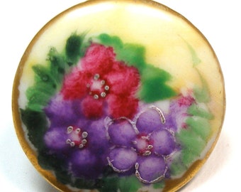 Antieke porseleinen stud-knop uit de 20e eeuw. Edwardiaans porselein met handgeschilderde bloemen. 7/8".