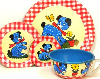 50's Tin Toy Tea Setting, Polka Dot Puppy. By Ohio Art. Vintage collectable