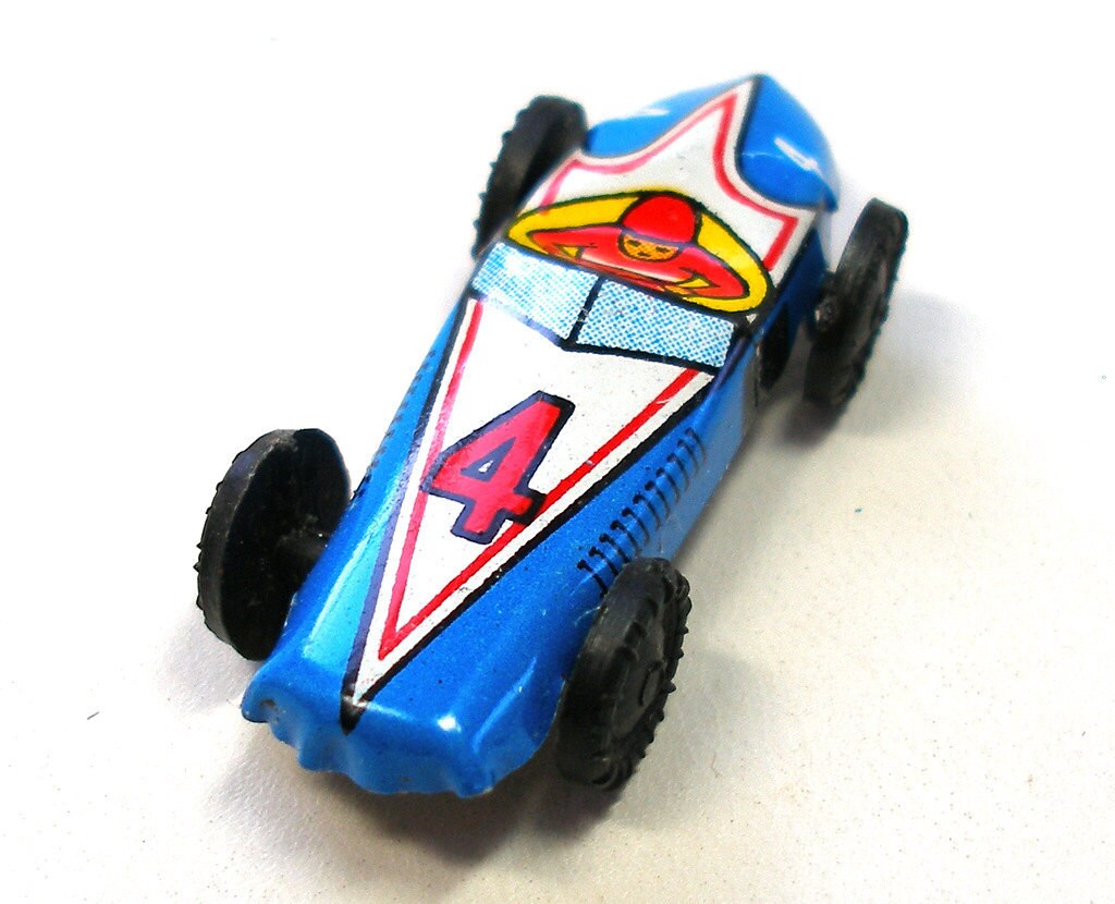 60s Mini Tin Toy Race Car in Blue, #4 From Japan. Vintage Fun