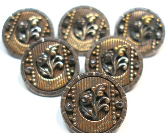 6 Antique BUTTONS. Victorian flowers with brass & cut steel, 9/16".