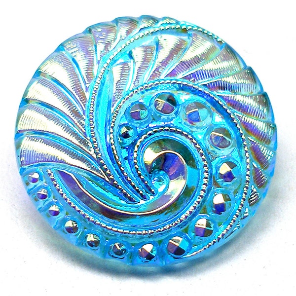 Hiroshige Wave BUTTON, Czech glass with BLUE swirl & moonglow luster, 27mm.