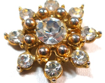 Rhinestone BUTTON. Clear glass in gold metal. 3/4"