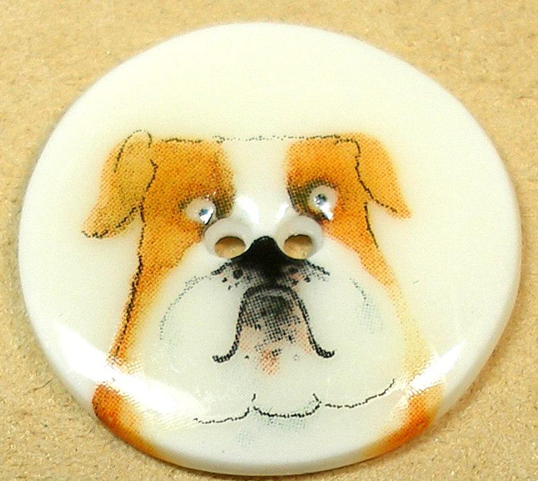Bulldog Button, Porcelain Transfer Button With Dog. 1 1/8