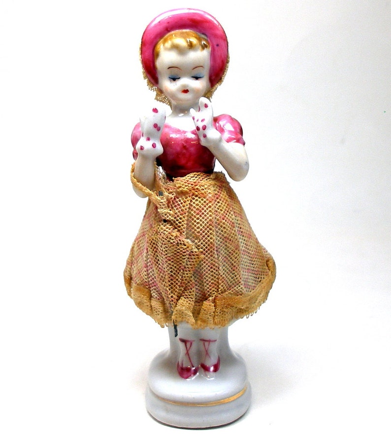 Antique figurine Dainty girl with umbrella hat & gloves. | Etsy