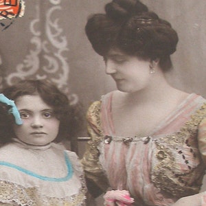 1910s French postcard, Mother & daughter.  RPPC, real photo postcard, paper ephemera. Carte Postale. Vintage collectible.