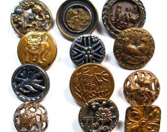 12 Antique BUTTONS. Vintage & Victorian metal shabby chic picture buttons. 19th century.