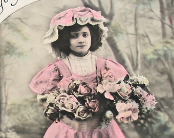 1900s French postcard. Edwardian Girl with flowers. RPPC real photo postcard, Vintage glamour fashion  carte postale