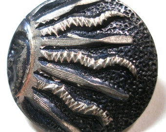 Sun face antique BUTTON, Victorian pewter with dark tint. 9/16"