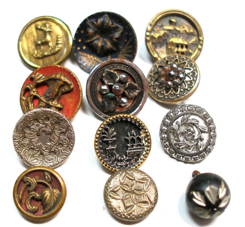 12 Antique BUTTONS. 1800s Victorian & Vintage Metal Picture
