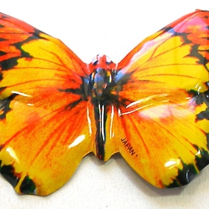 Tin toy BUTTERFLY brooch. Insect jewelry in yellow & orange. Made in Japan.
