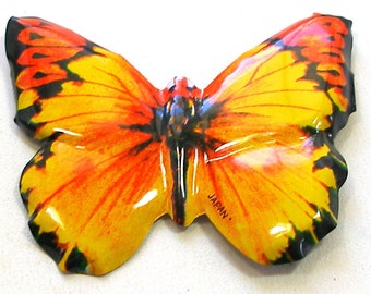 Tin toy BUTTERFLY brooch. Insect jewelry in yellow & orange. Made in Japan.