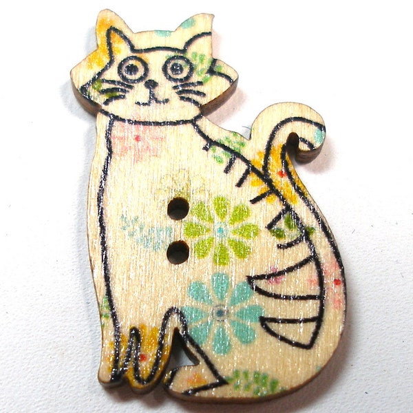 Wooden floral CAT Button.   3/4" x 1 1/4".  Feline, kitty, kitten button. Cat D.