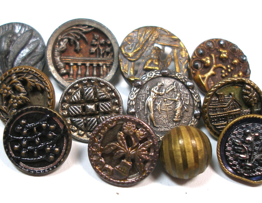 12 Antique BUTTONS. 1800s Victorian & Vintage Metal Shabby Chic Picture Buttons. Etsy