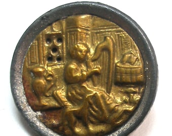 Antique BUTTON. Victorian lady with dog & harp, 5/8" In Beauty's Room.