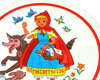 SALE 60's Tin Toy Tea plate, Red Riding Hood storybook graphics, smaller size.