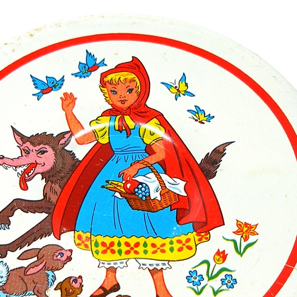 SALE 60's Tin Toy Tea plate, Red Riding Hood storybook graphics, smaller size.