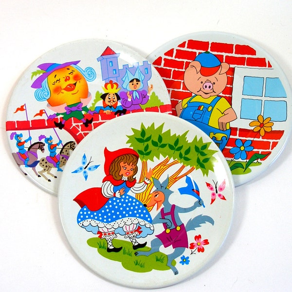 3 Storybook Tin Toy Tea plates, Storybook & Red Riding Hood graphics.