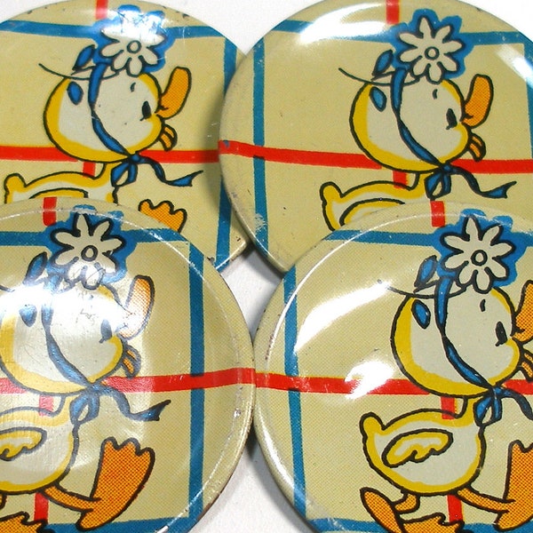 Tiny 1950's tin toy tea plates with duckling by Ohio Art Co. 4 pieces, mini bread plates.
