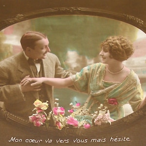 1920s French postcard, romantic couple. RPPC. Real photo postcard, paper ephemera. Carte Postale. Vintage collectible.