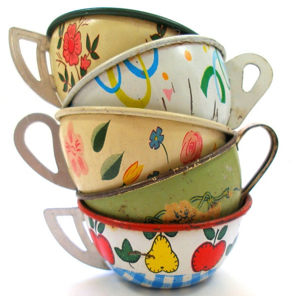 Toy Tea cups, Set of 5 vintage tin with flowers, Instant Collection.