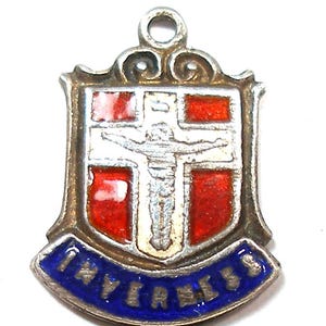 Vintage Inverness silver & enamel travel shield charm. Scotland. Sterling silver.
