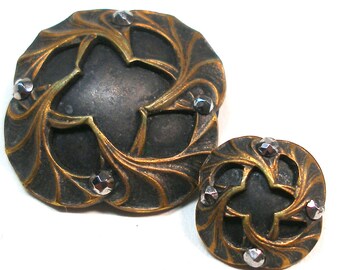 2 Antique Art Nouveau buttons 1". Brass with cut steel. Mother daughter.