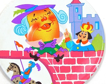 SALE 60's Tin Toy Tea plate, Humpty Dumpty storybook graphics. Smaller size.
