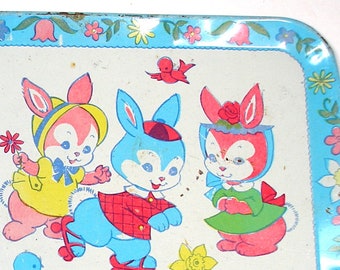 Spring Bunnies. Vintage Tin Toy Tea tray. J Chein, c1950s.