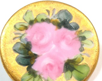 1900s Antique Porcelain Button. Edwardian china with hand-painted flowers 1.25". Larger size.