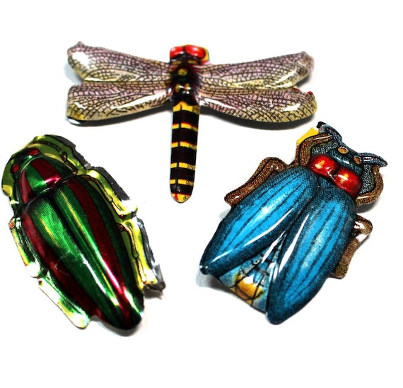 60s Tin Toy BUG brooches, 3 metal Japanese insect costume jewelry. Dragonfly, beetle.