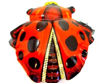 Lady BUG brooch, 60s metal insect ladybird toy costume jewelry, made in Japan.