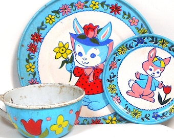 SALE Spring Bunnies. Vintage Tin Toy Tea Setting, 3 piece set. J Chein, c1950s