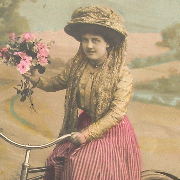 1900s French postcard. Antique real photo, RPPC paper ephemera. Carte Postale. Vintage glamour fashion