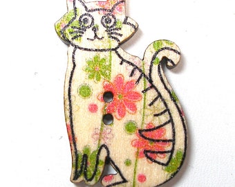 Wooden floral CAT Button.   3/4" x 1 1/4".  Feline, kitty, kitten button. Cat H