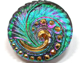 Peacock Czech glass BUTTON, Emerald green & purple pink swirl, 27mm, 1".