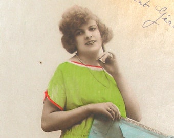 1920s French postcard. RPPC real photo, paper ephemera. Carte Postale. Vintage glamour fashion