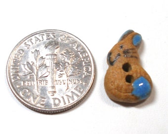 Tiny Bunny button. Happy Handmade ceramic rabbit in brown & blue, 3/8".