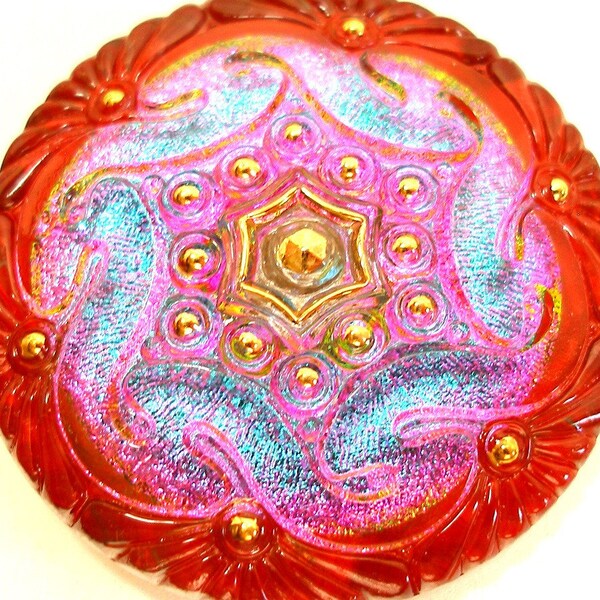 Cranberry Swirl, Large Czech button-Glass AB button with red, teal & pink 42mm