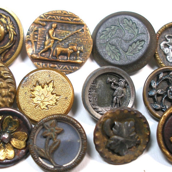 Vintage & Victorian metal buttons. Mixed lot of picture buttons. 19th century.