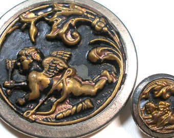 2 Antique CUPID buttons. Antique Victorian Eros, cherub, 1.5 inches, 9/16". Cupid at rest. Mythology. Mother daughter.