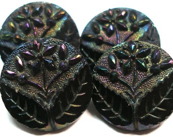 1800s antique floral buttons with carnival luster. Victorian black glass. 11/16".