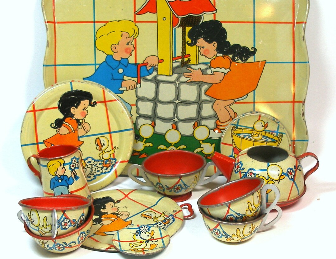 1940's Tin Toy Tea Set, Ducky Bath Time. Litho by Ohio Art Co. 21