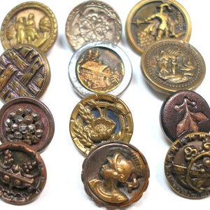 12 Antique BUTTONS. 1800s Victorian & vintage mixed lot of metal picture buttons. 19th century image 1